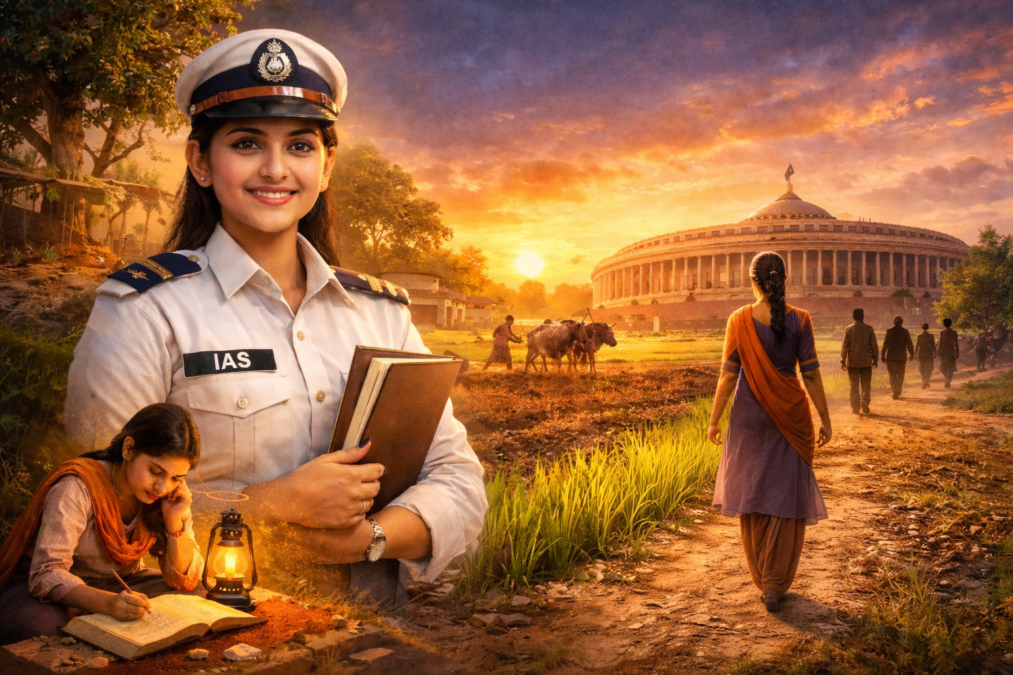 गांव की पृष्ठभूमि में एक युवा भारतीय लड़की IAS अधिकारी के रूप में, हाथ में किताब लिए मुस्कुराती हुई, साथ में उसका पुराना संघर्ष दिखता है जहां वह लालटेन की रोशनी में पढ़ाई कर रही है और खेतों के बीच से संसद की ओर बढ़ती हुई दिखाई देती है।