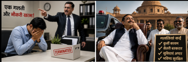 कर्मचारी की गलती पर नौकरी खत्म, नेताओं की गलती पर कुर्सी कायम—यह कैसा न्याय